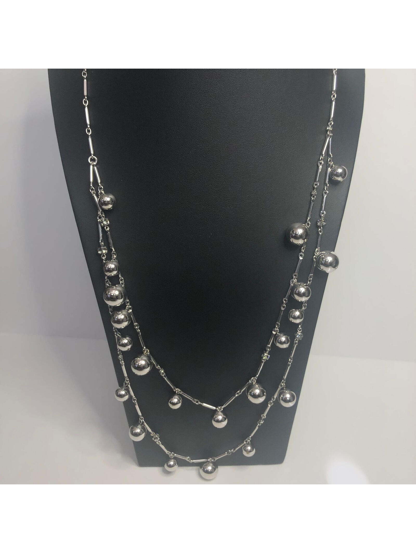298 Kate Spade New York Silver Tone Necklace Dangle Ball Crystal Layer 26”-28”